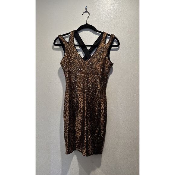 BEBE Size XXS Brown Sequin Sleeveless Mini Dress Glam Strappy Back Sparkle Glam - Picture 1 of 8